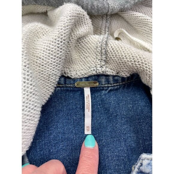 Free People Knit Hooded Denim Jacket XS Long Sleeve Removable Hood Button Up - Picture 4 of 9